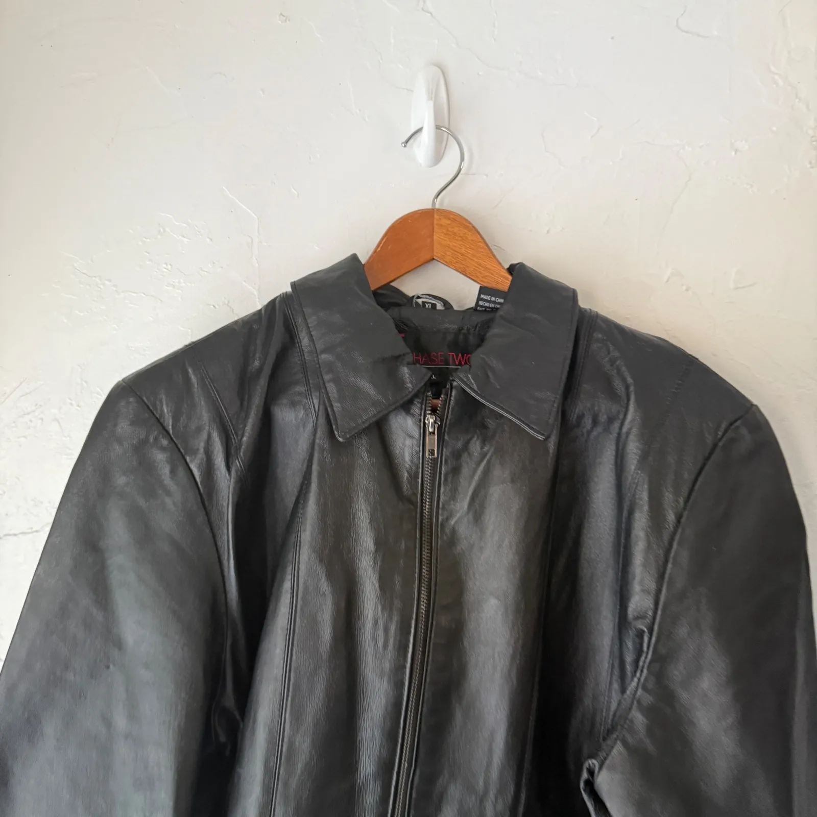 Phase Two Vintage Black Leather Jacket XL Full Zip Classic Moto BIker Grunge - Image 2