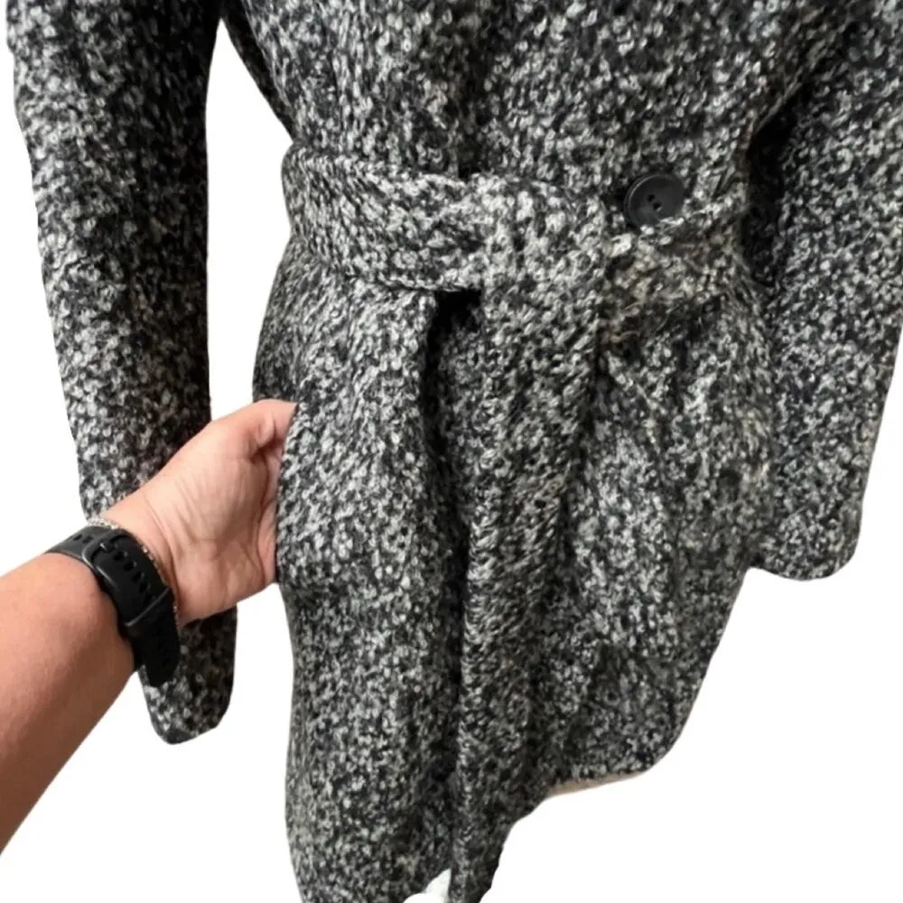 Calvin Klein Gray Marled Wool Hooded Winter Coat Shawl Collar Fabric Belt sz 10 - Image 5