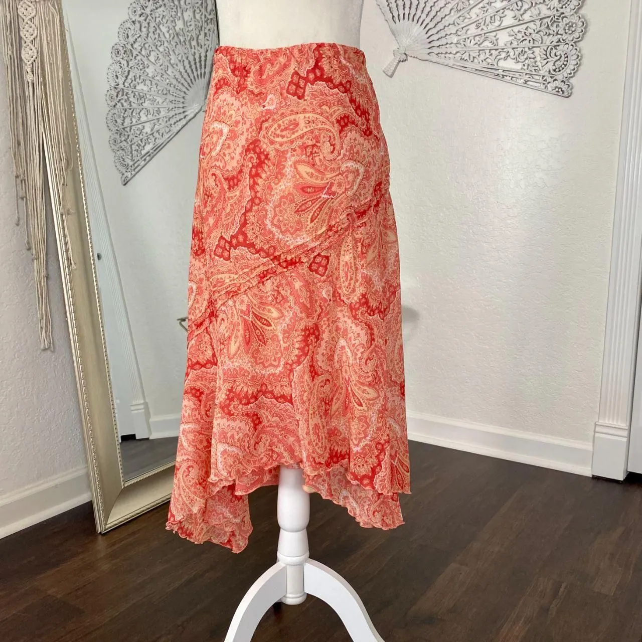 Early 2000's Frilly Ruffle Orange Pink Paisley Mesh Asymmetric Midi Skirt 16W XL - Image 4