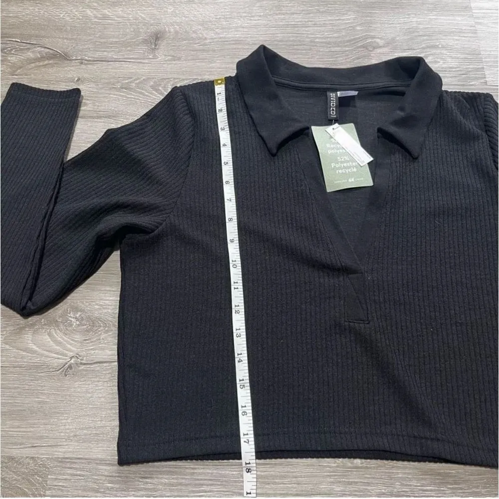New H&M Divided Long Sleeve Ribbed Collared Cropped Top Sz XL Black - Image 10
