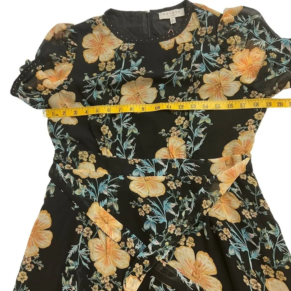 Hayden LA Women's Floral Print Midi Dress Black Yellow Short Sleeve Size L‎ NWT - Image 7