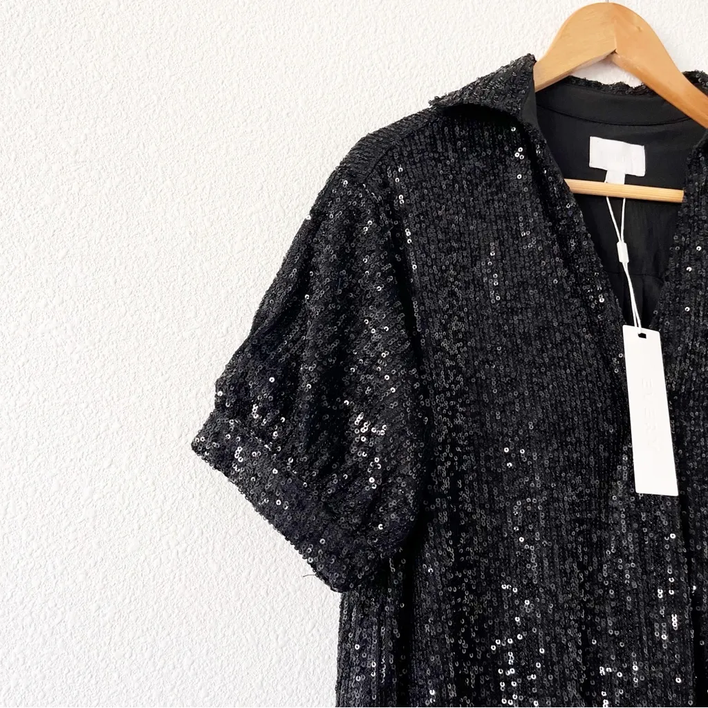 Every Sequin Collared Button Down Mini Dress in Black Size XS - Image 4