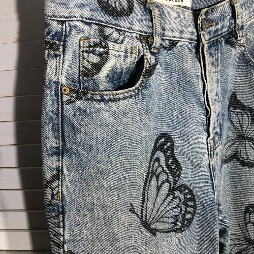 PacSun Eco Butterfly Jeans High Waisted Straight Leg Raw Hem Light Wash Blue 26 - Image 5