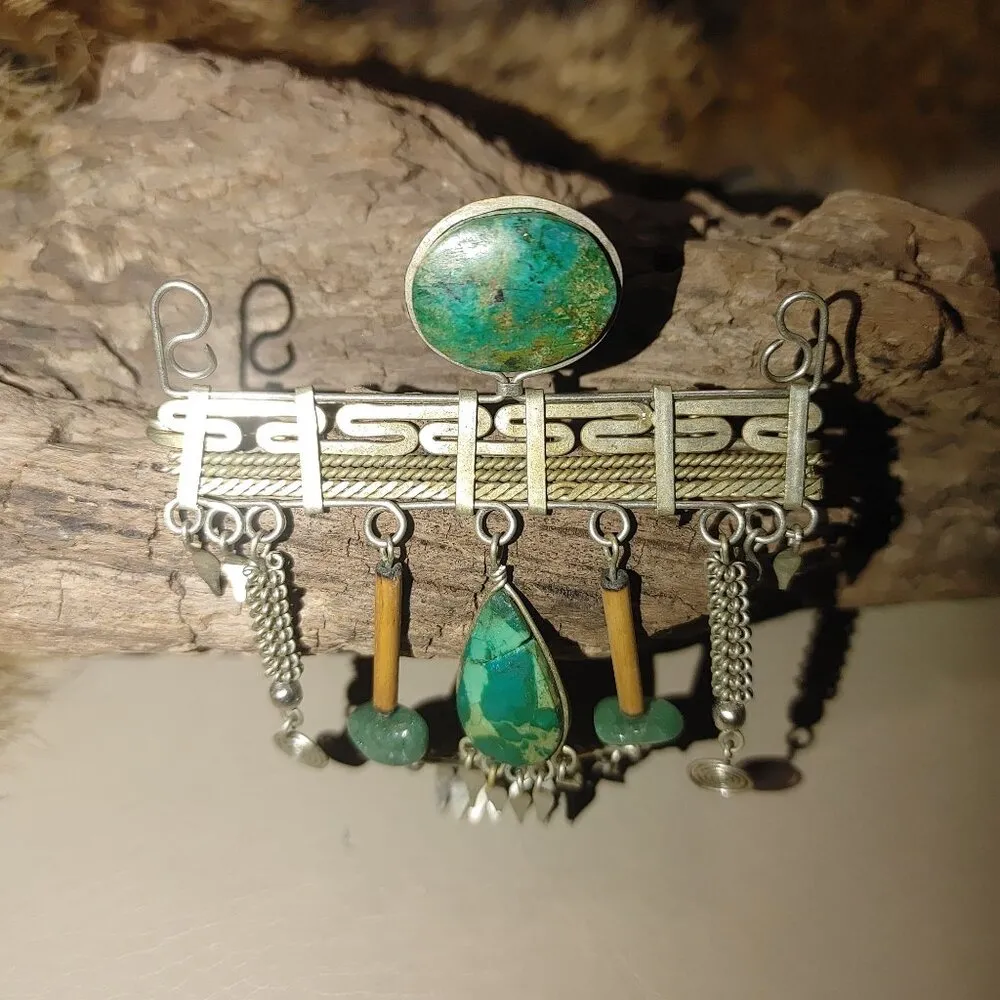Artisan Brooch articulatingVintage Middle Eastern Silver Turquoise Ethnic Dangle - Image 12