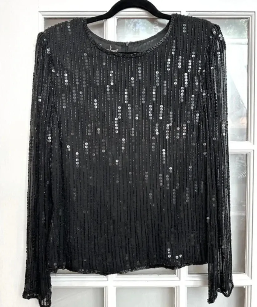 Vintage Laurence Kazar 100% Silk Black Beaded Sequins Evening Blouse Size Medium - Image 1