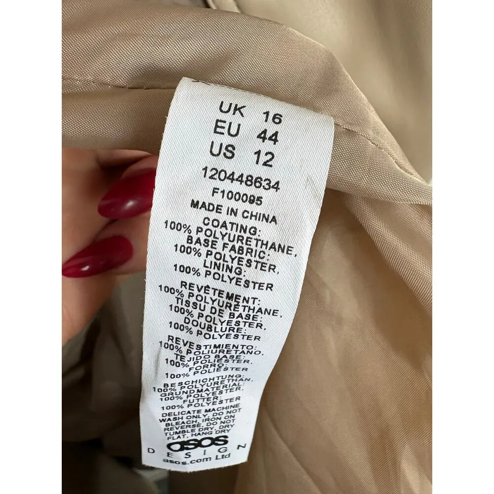 ASOS DESIGN Tan Faux Leather Trench Coat Size 12 Long Preppy Chic Minimalist - Image 7
