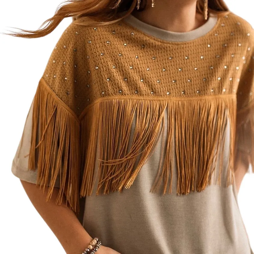 Buckle Sterling & Stitch Fringe Western Top Boho Festival Cowgirl Womens Size L Tan Size L - Image 3