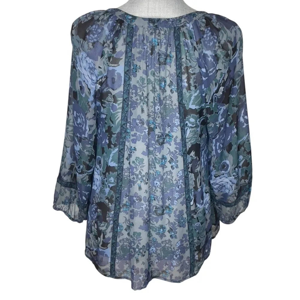 JOIE Anthropology Top Blue Green 3/4 Long Sleeve Silk Florals size M - Image 5