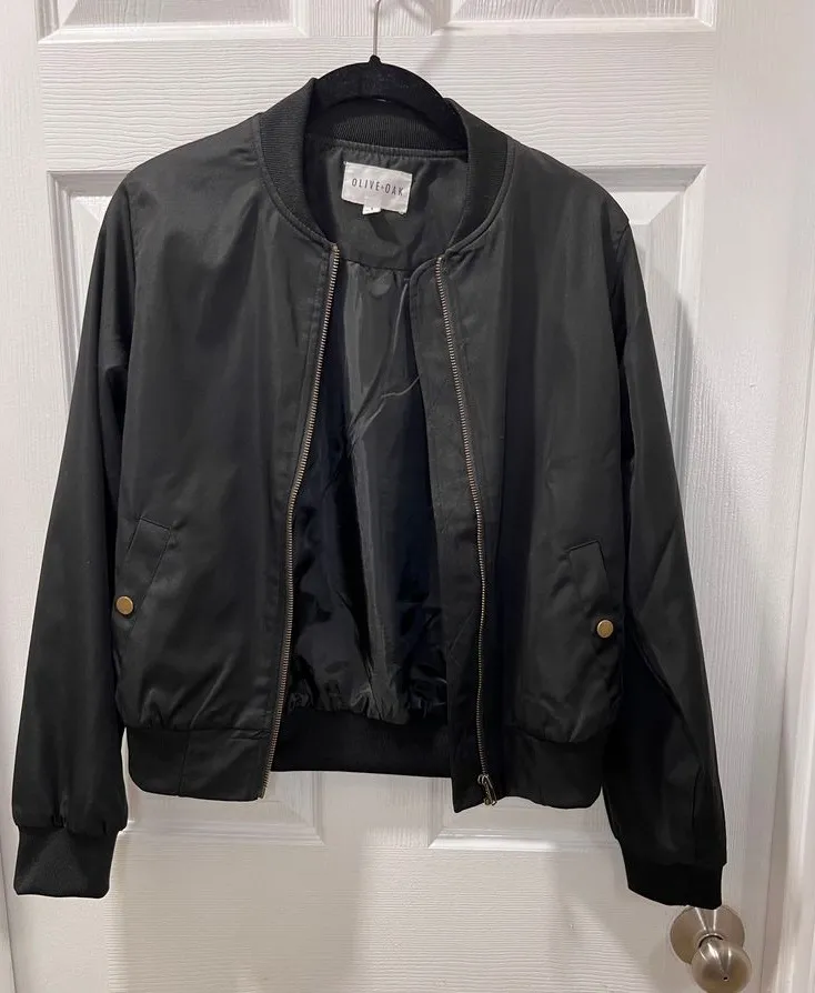 Olive Oak Black Lightweight Bomber Jacket with Gold Hardware Casual Outerwear - Image 1