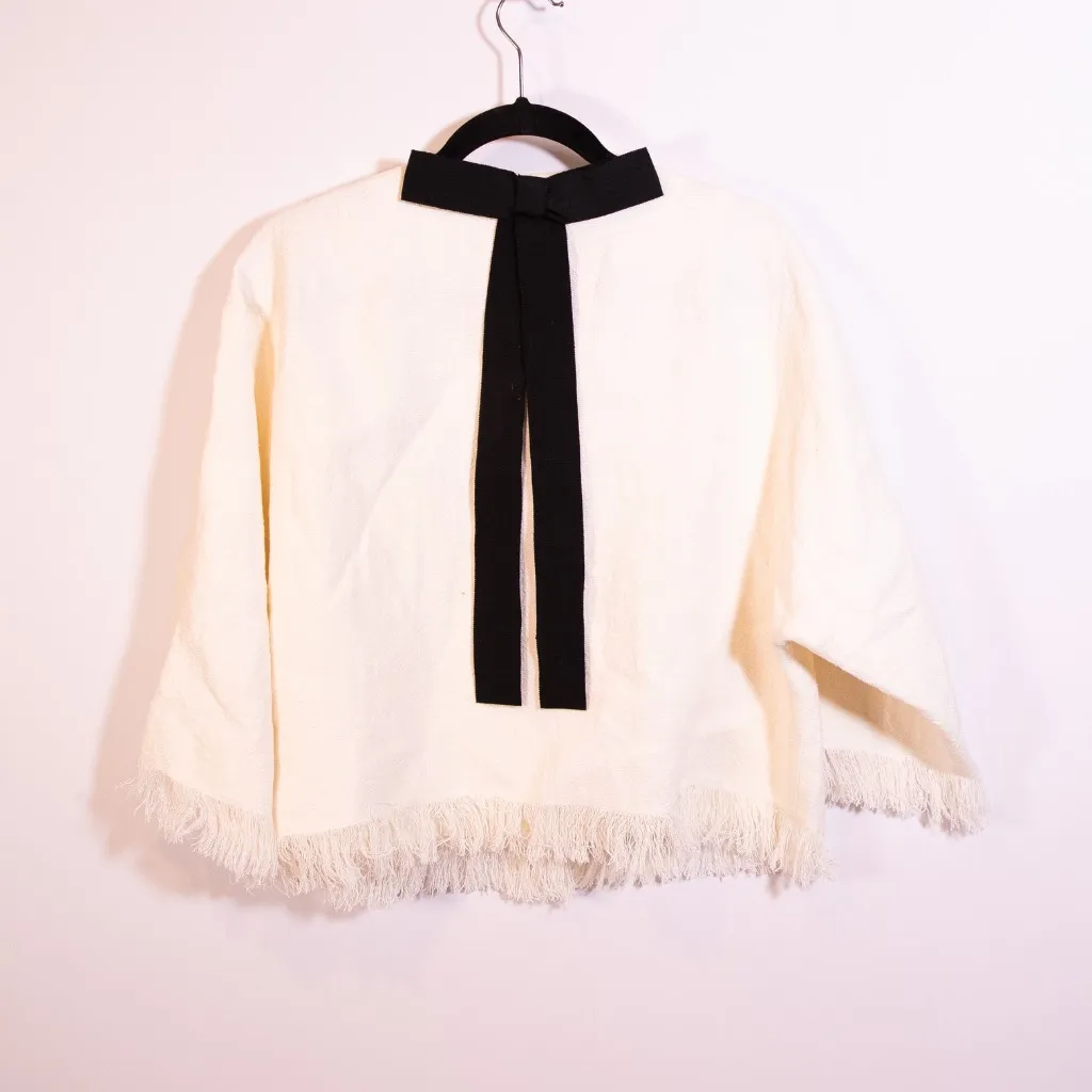 Andrew GN Linen Woven Textured Weave Fringe Snap Button Bow Tie Back Jacket 38 - Image 4