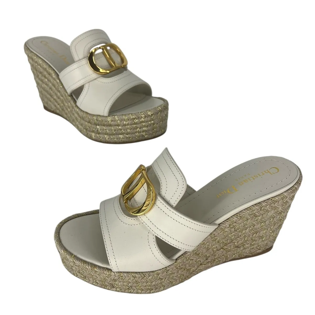 Christian Dior White CD Montaigne Wedge Slide Sandals - Image 4