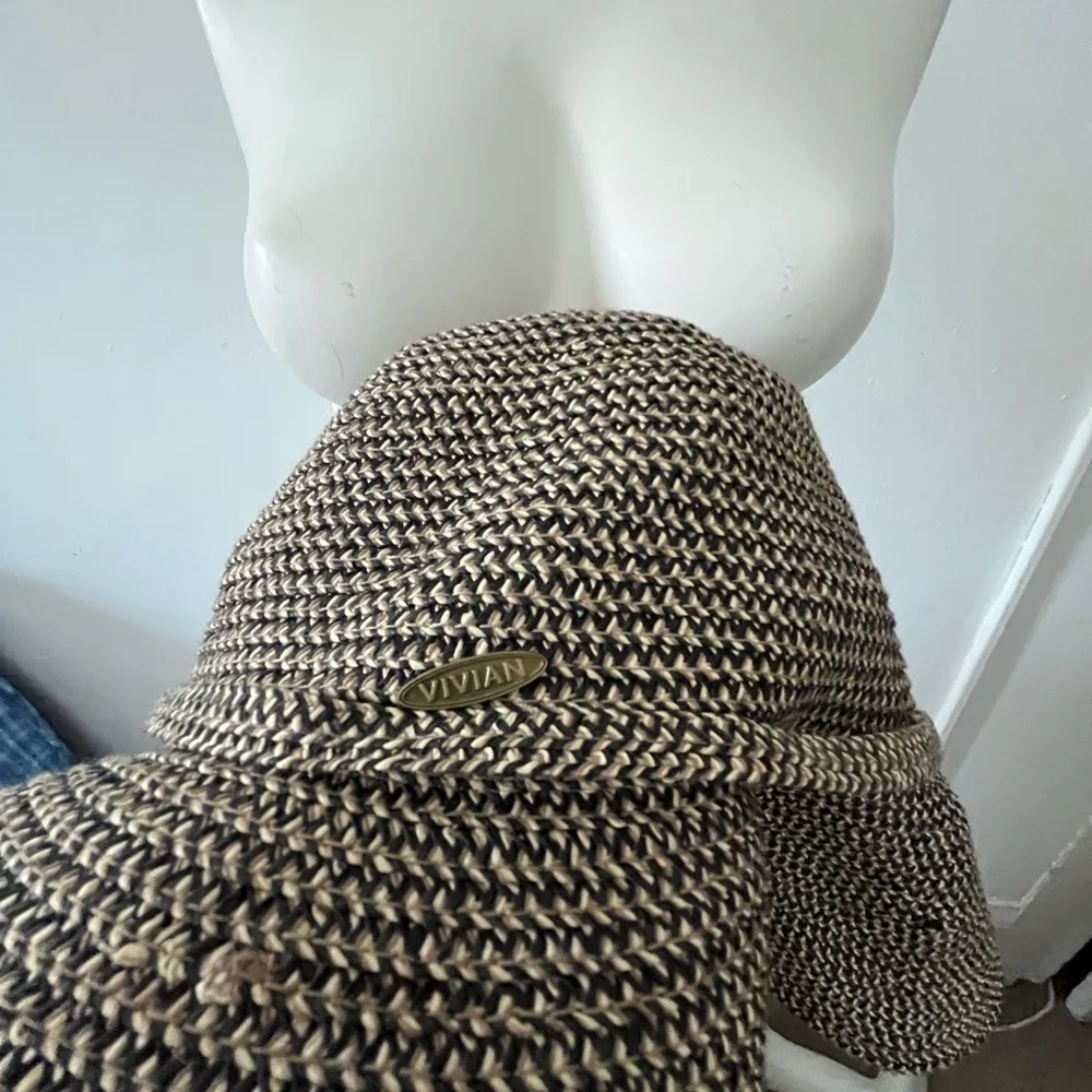 Vivian brown and tan weave wide brim floppy oversized sun hat with tie S/m Black - Image 9