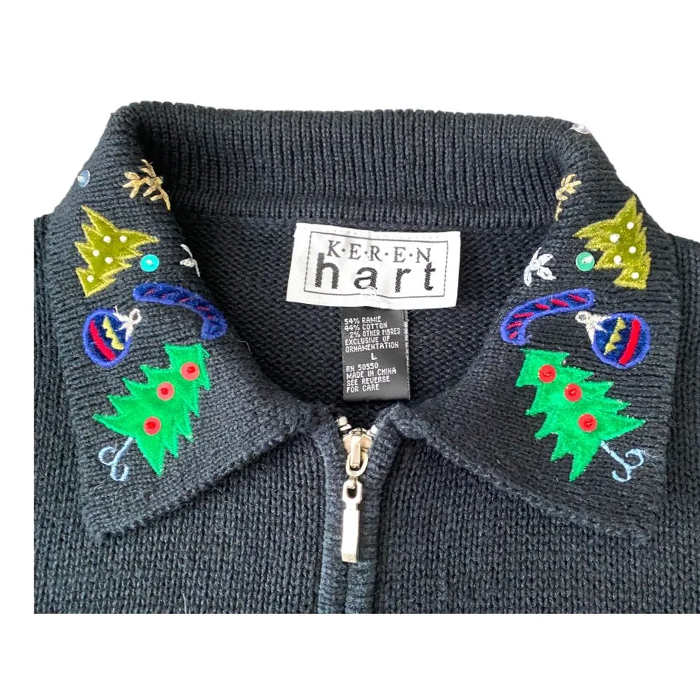 Keren Hart Vintage Embroidered Christmas Zip Up Black‎ Cardigan, Size Large Black - Image 5