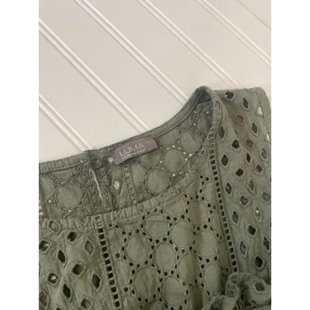 LUMA Khaki Cotton Cold Shoulder Ruffled Mini Dress Size L Made in Italy Tan Size L - Image 5