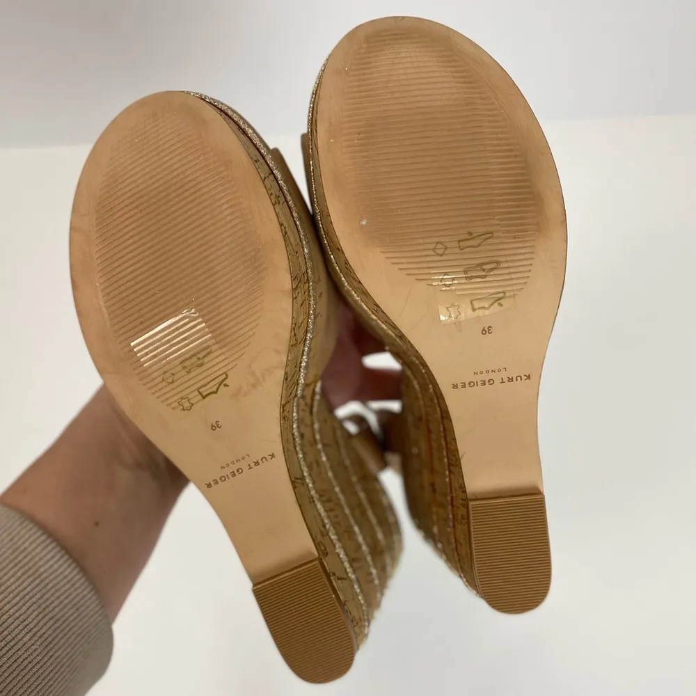 Kurt Geiger London Ally Summer Leather Cork Ankle Strap Wedge Nude Silver Sz 8.5 - Image 9