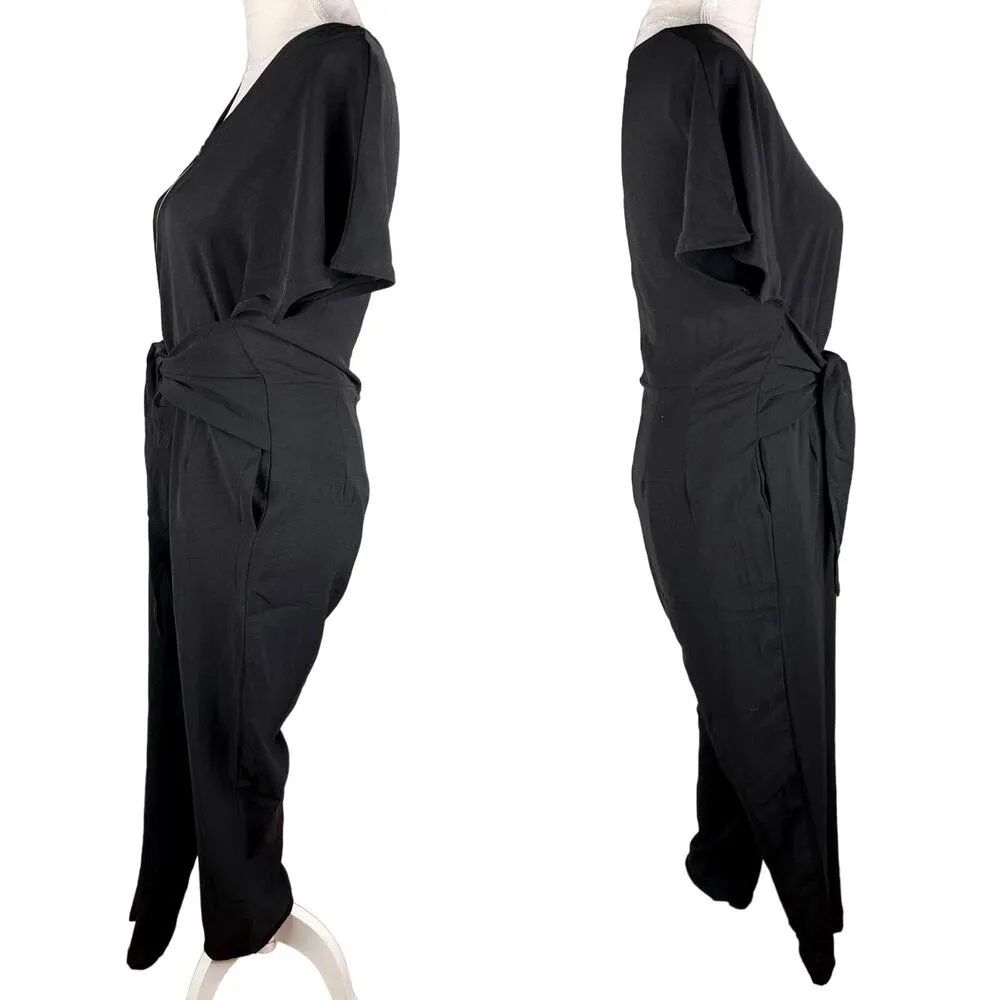 Polagram Jumpsuit Black Medium Short Sleeve Front Zipper V-Neck Tie - Image 4