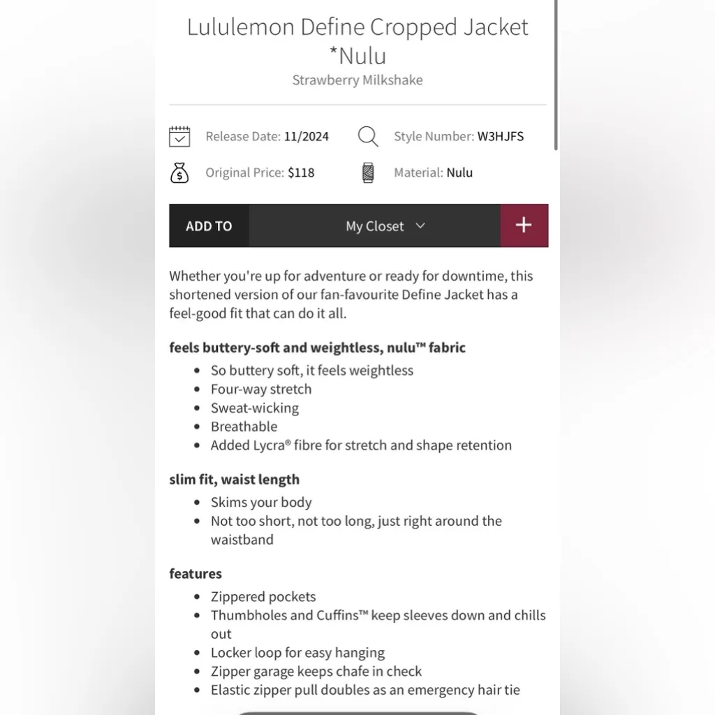 Lululemon NWT Define Cropped Jacket Nulu Strawberry Milkshake Size 6 - Image 8