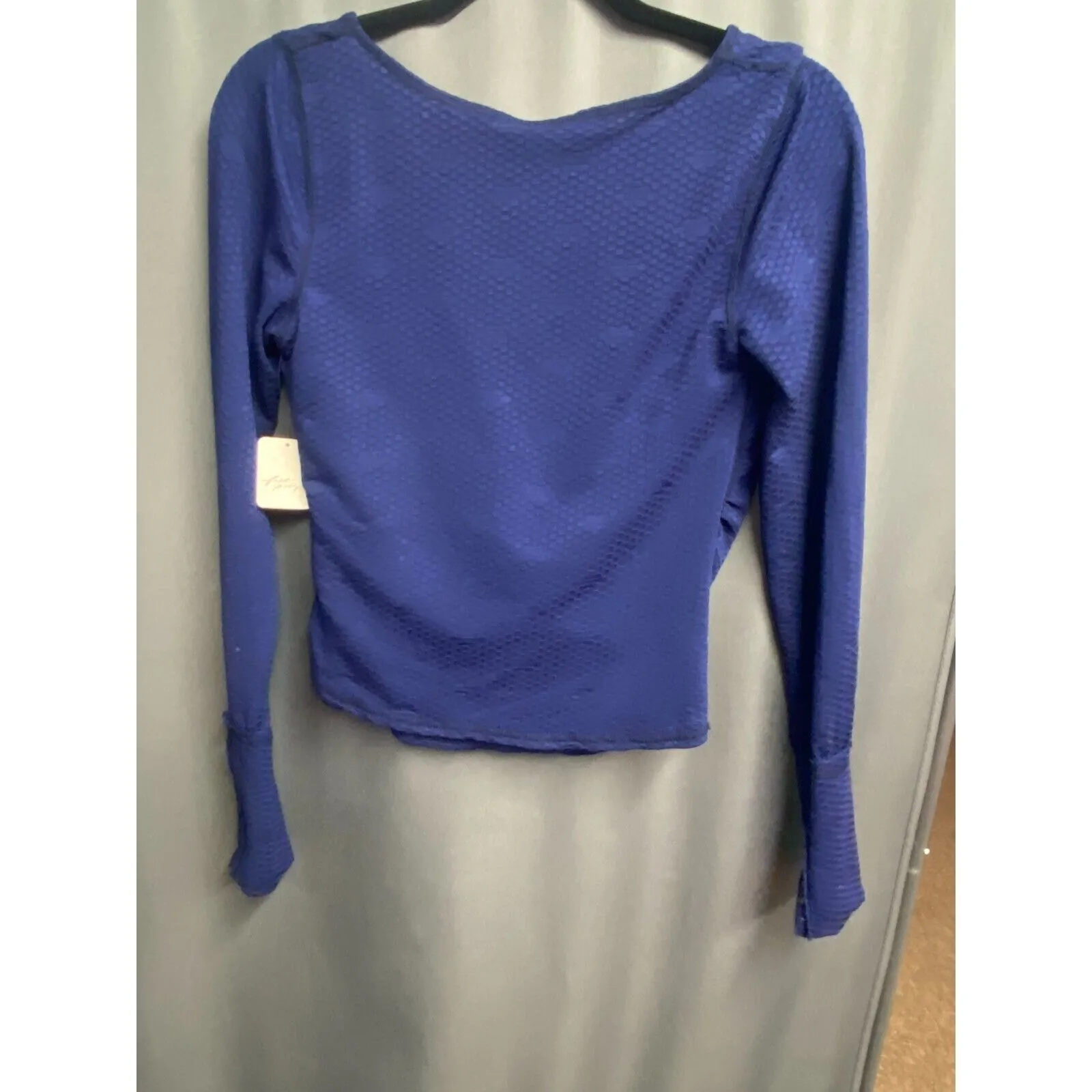 Free People Blouse Top Women's Medium Blue Penny Plunge Neck Stretch Ruched B55 - Image 5