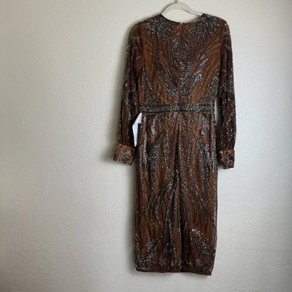 Mac Duggal Mocha Brown Beaded Long Sleeve Tulle Midi Cocktail Dress - Image 11