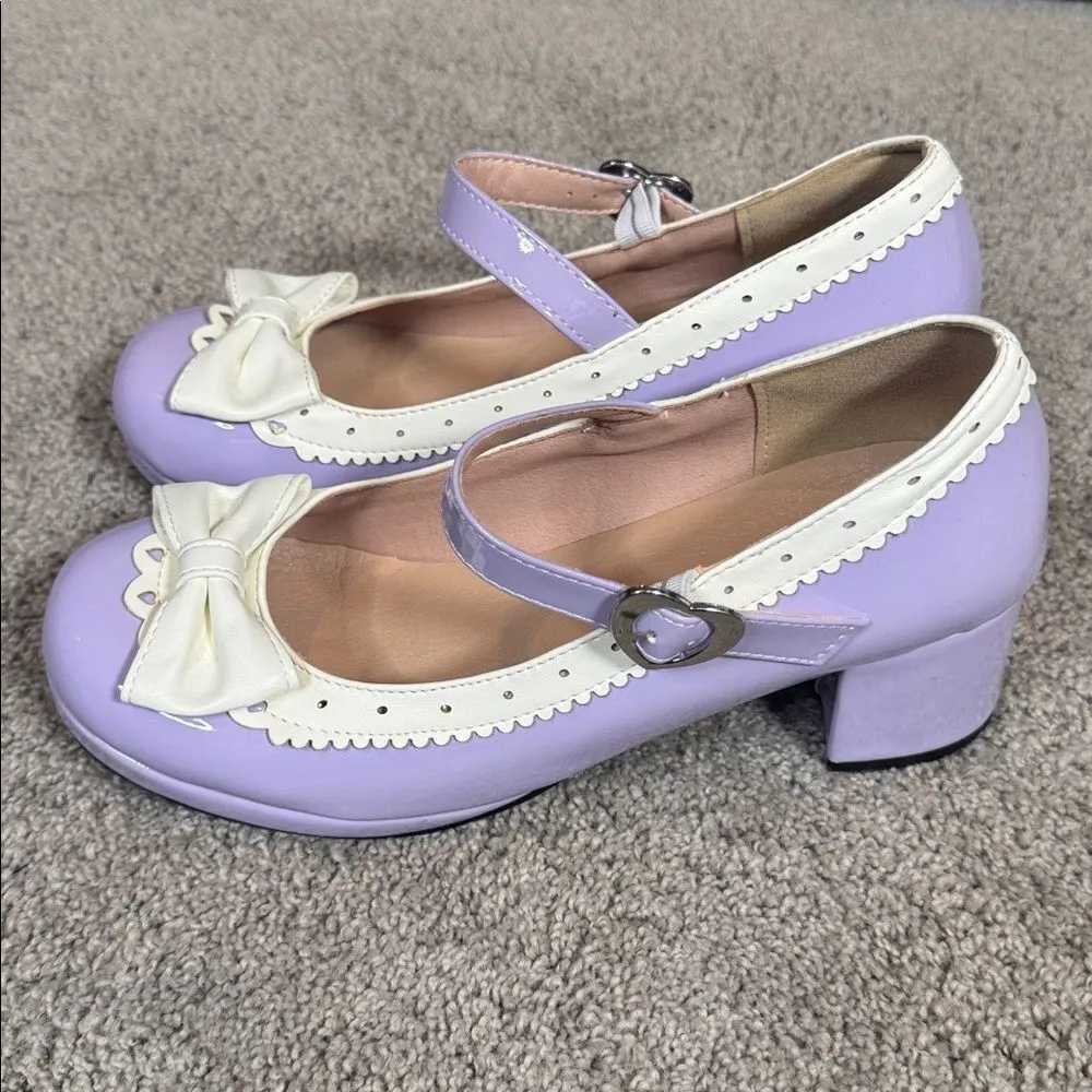 Women’s Purple Chunky Heel Mary Jane Pumps Cute Bow & Hearts Round Toe Size 6 Purple - Image 4