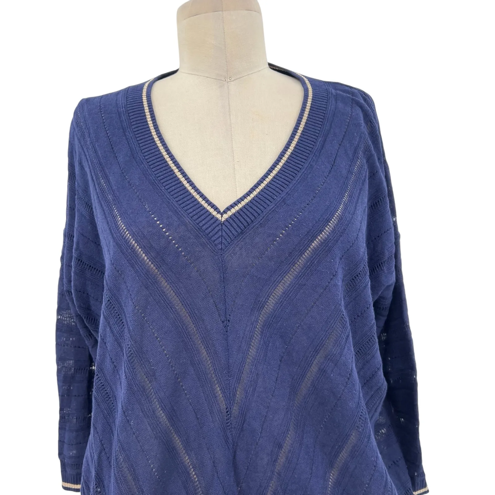 Gerard Darel Laelia Sweater Linen Cotton Pointelle Blue Gold Size 2 US Medium - Image 4