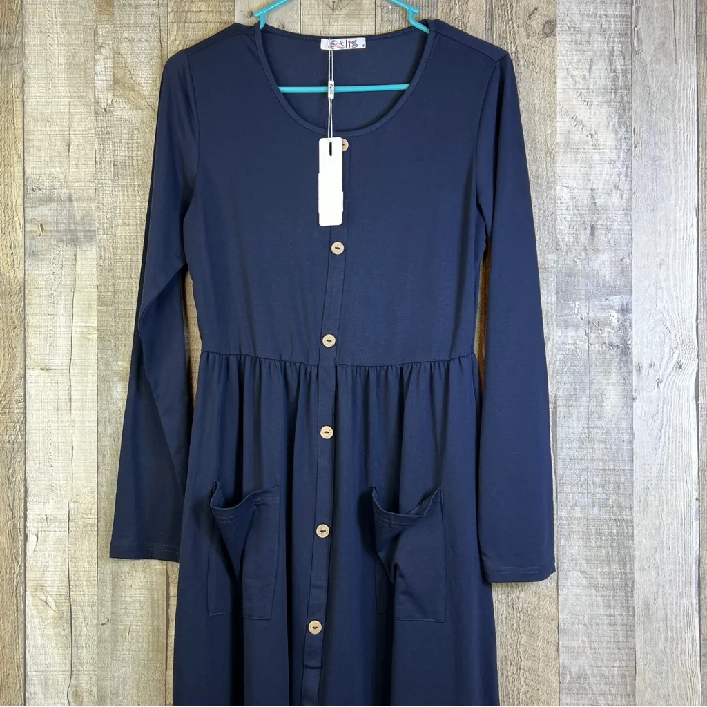 Slig Navy Blue Medium Scoopneck Faux Button Front Pullover Dress with 2 Pockets - Image 3
