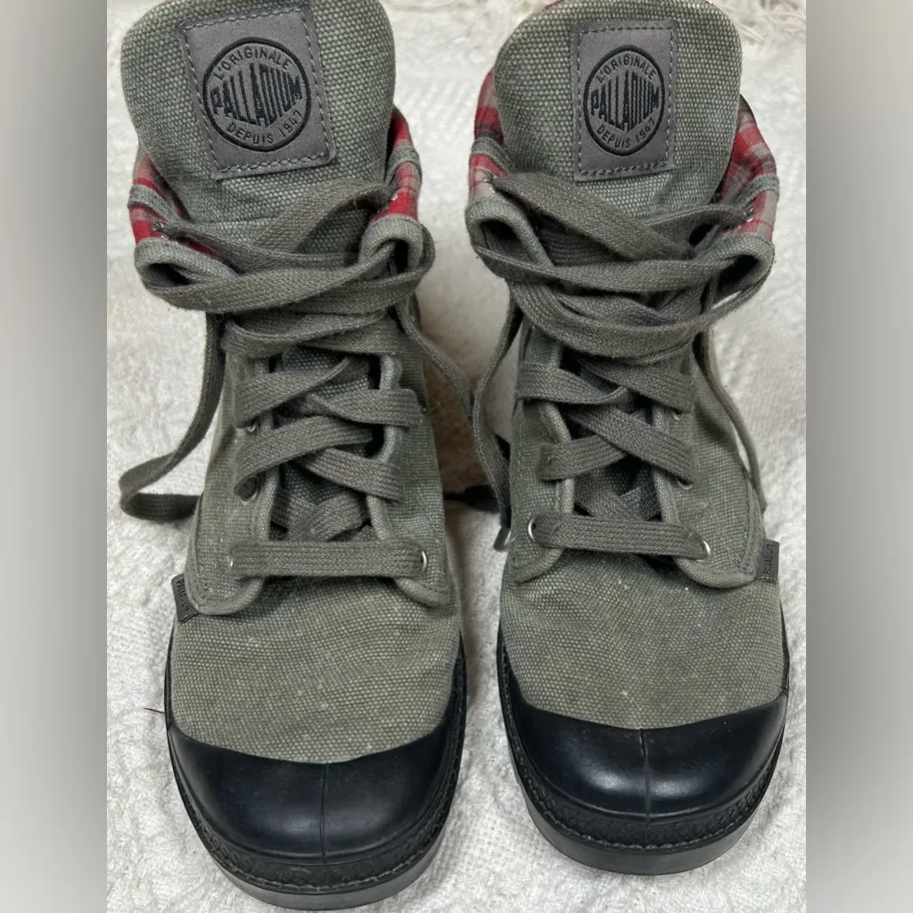 Palladium Baggy Military Women's Size 7 US Canvas Green Gray Plaid Boots Shoes - Image 3