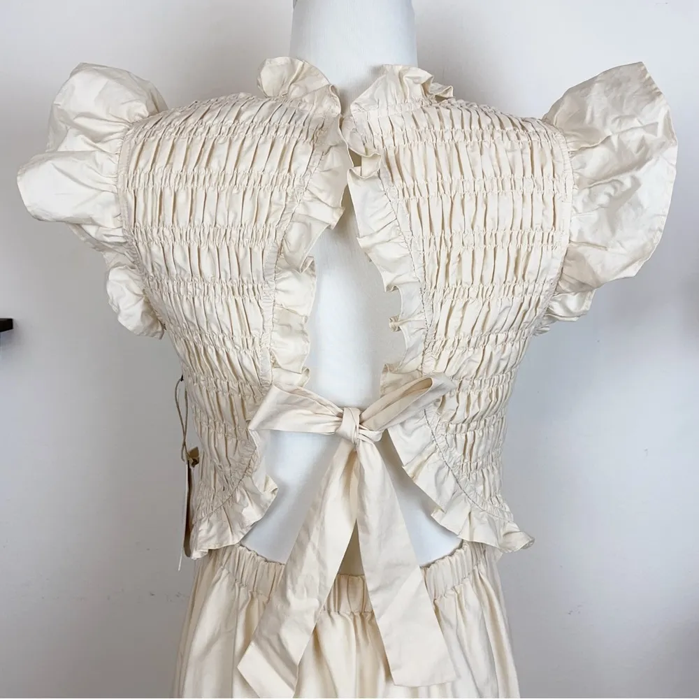 Moon River Ruffled Smocked Eyelet Midi Dress in Cream - Image 9