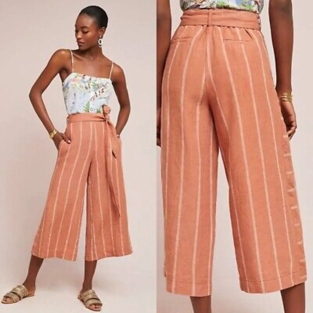Anthropologie Orange Striped Portia Linen Wide Leg Tie Waist Pants‎ - Image 2