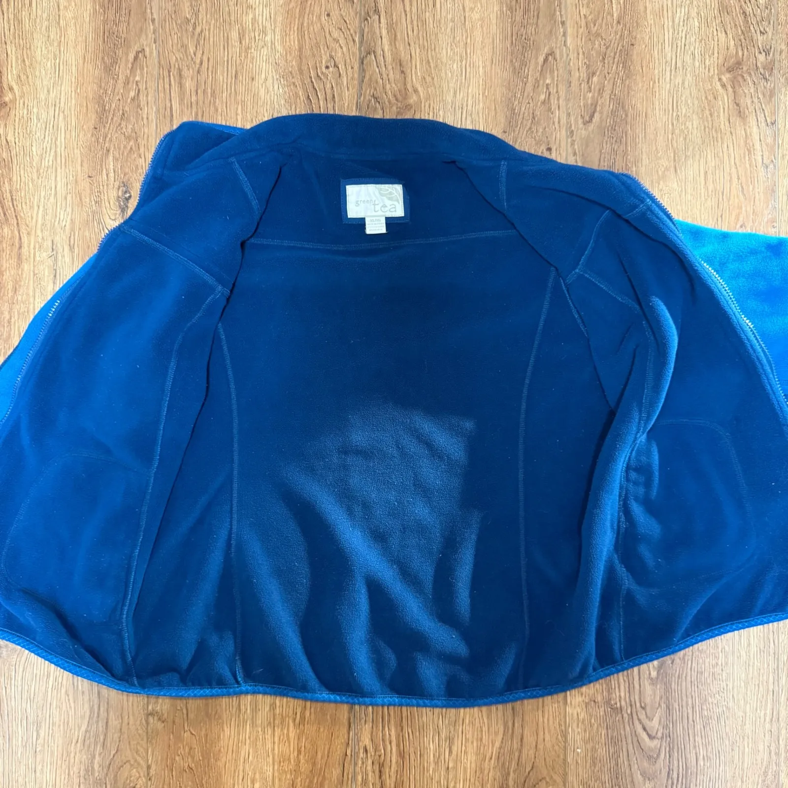 Green Tea Blue Fleece Zip Up Jacket Womens XL Zip Pockets Elbow Patches - Image 8