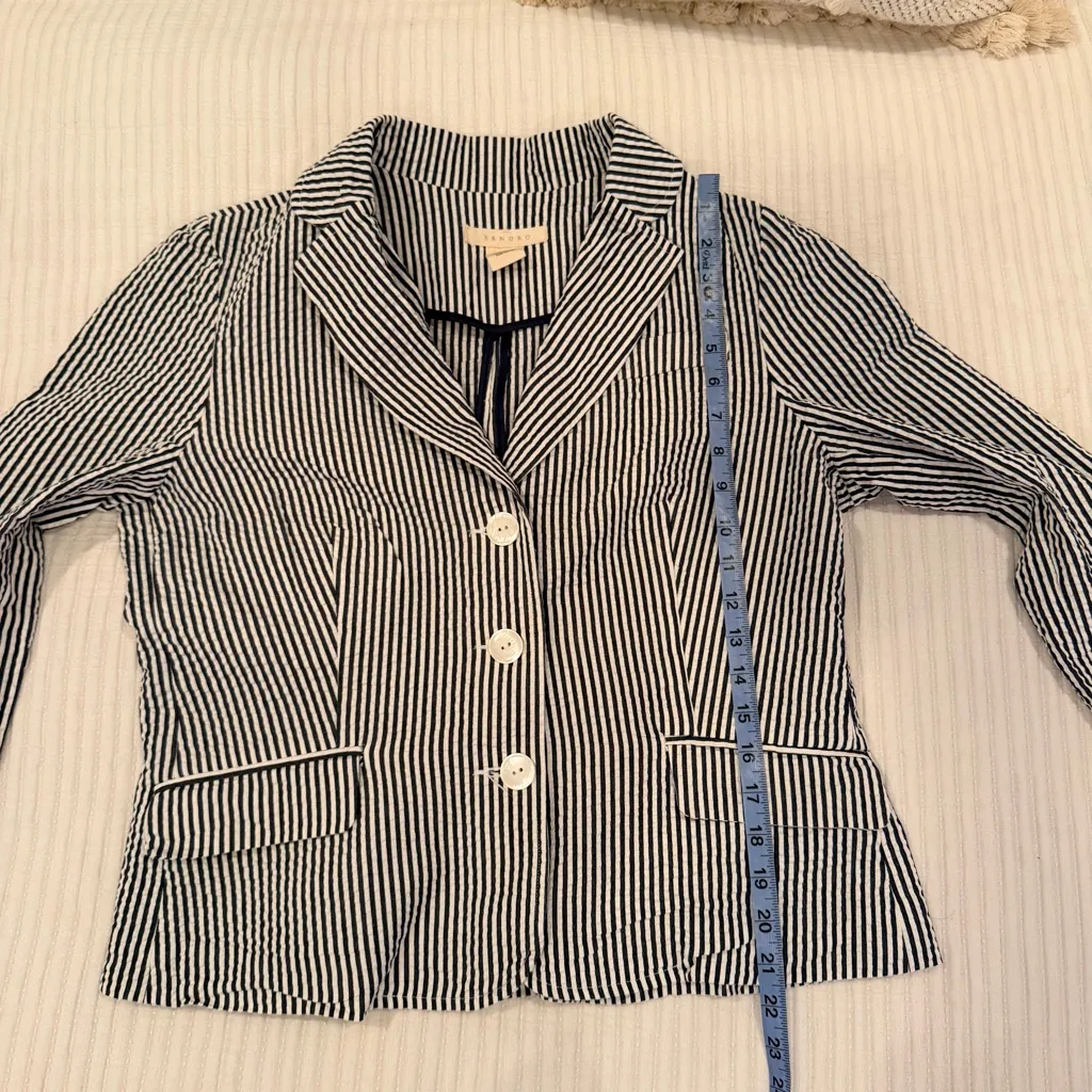Sandro Designer Seersucker Navy White Stripes 100% Cotton Women's Blazer Size L - Image 9