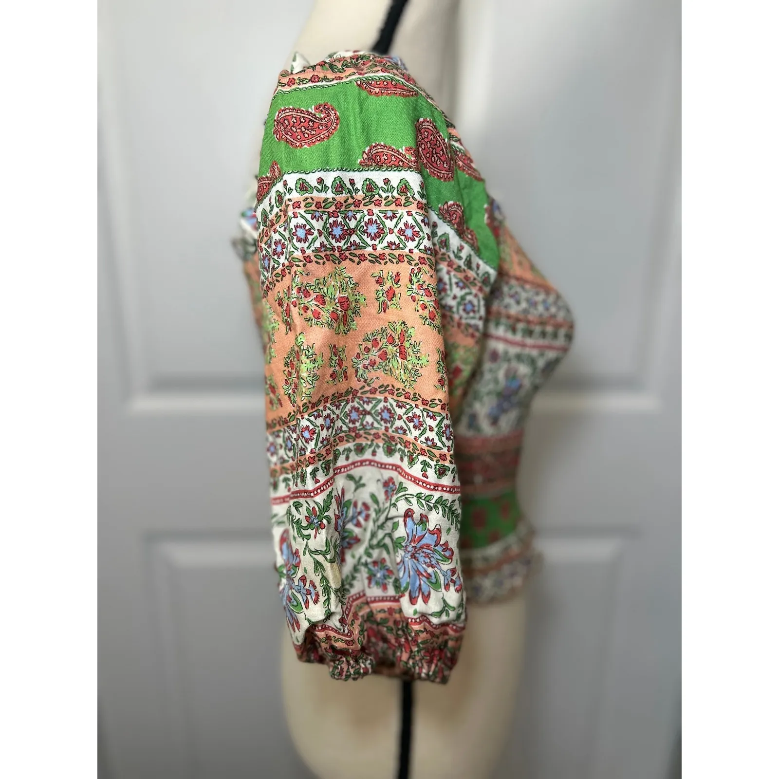 Zara Smocked Crop Top Floral Print Linen Square Neck 3/4 Sleeve‎ Blouse M - Image 2