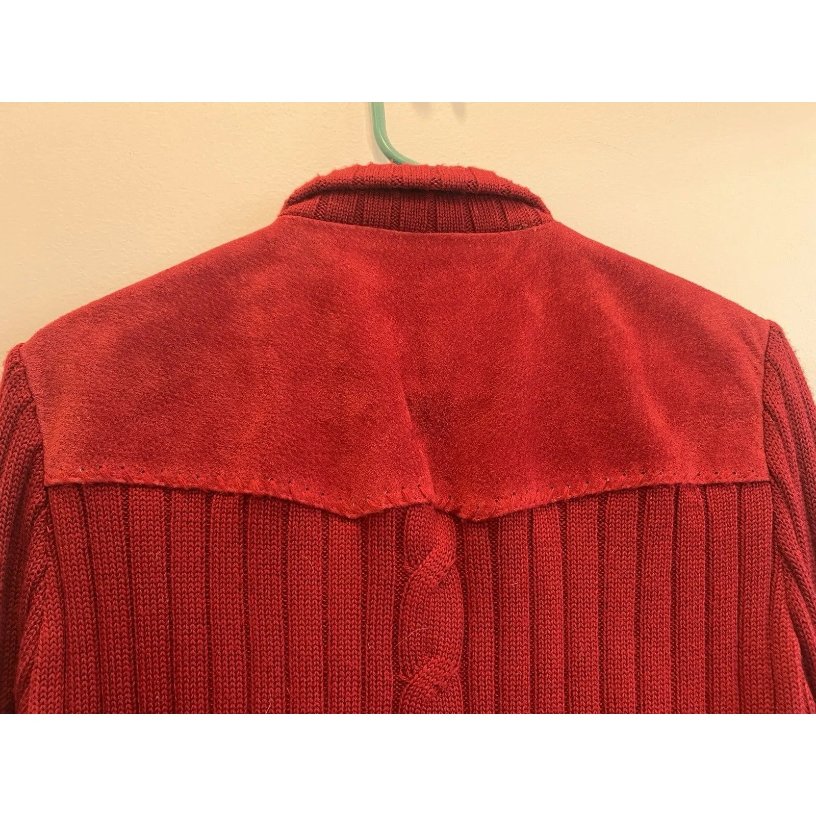 Vintage Coldwater Creek Cable Leather Sweater Zip Jacket Red Classic Size med - Image 6