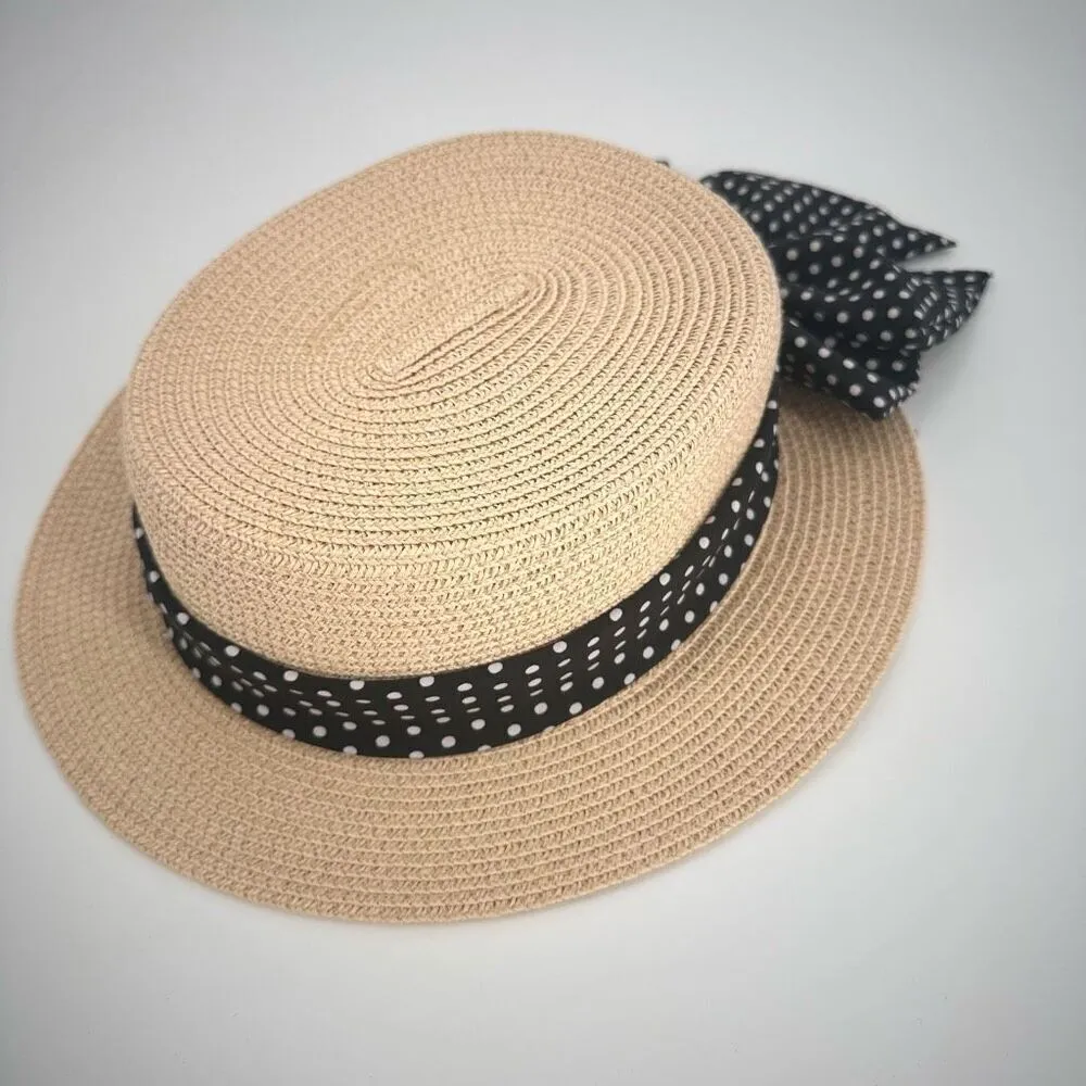 Warmhata Women's Polka Dot Bowknot Beach Flat Top Straw Sun Hat Beige One Size Tan - Image 4