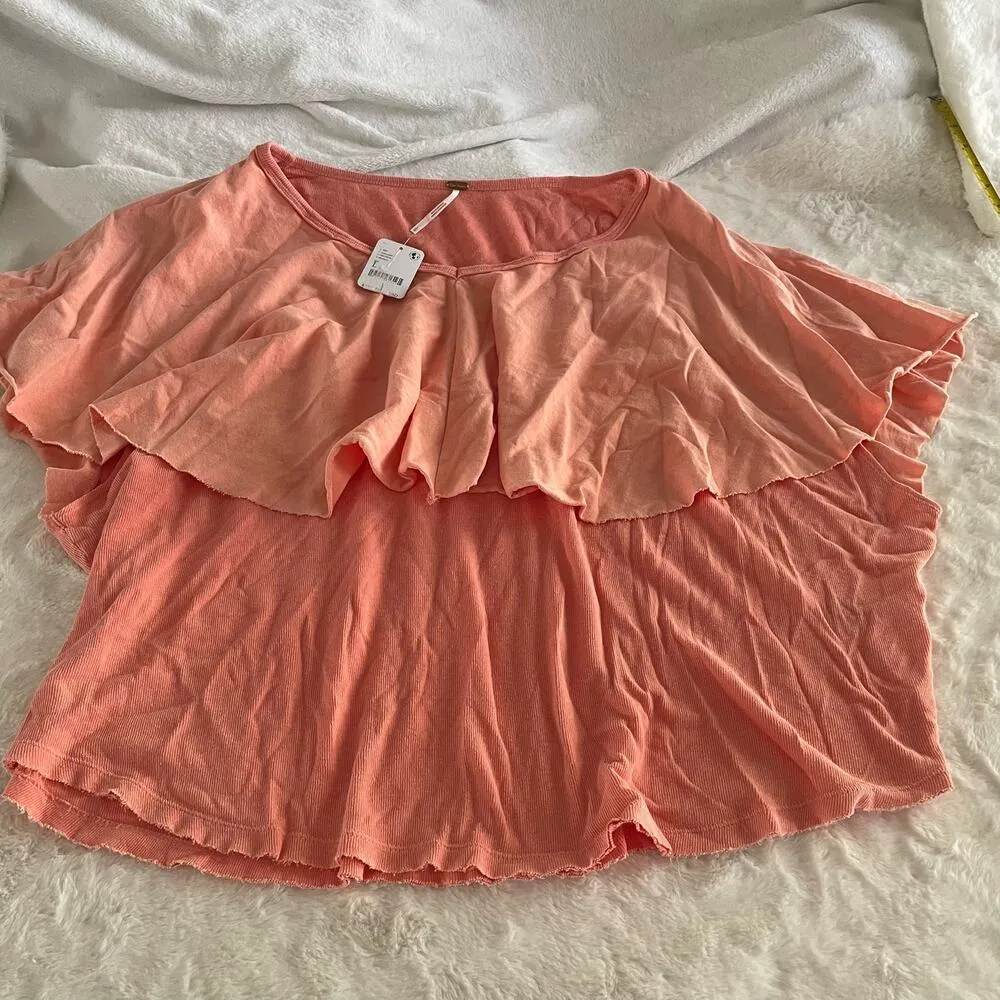 new nwt FREE PEOPLE GIRL TALK FLUTTER SLEEVE RUFFLE SUNNY PEACH SIZE LARGE - Image 3
