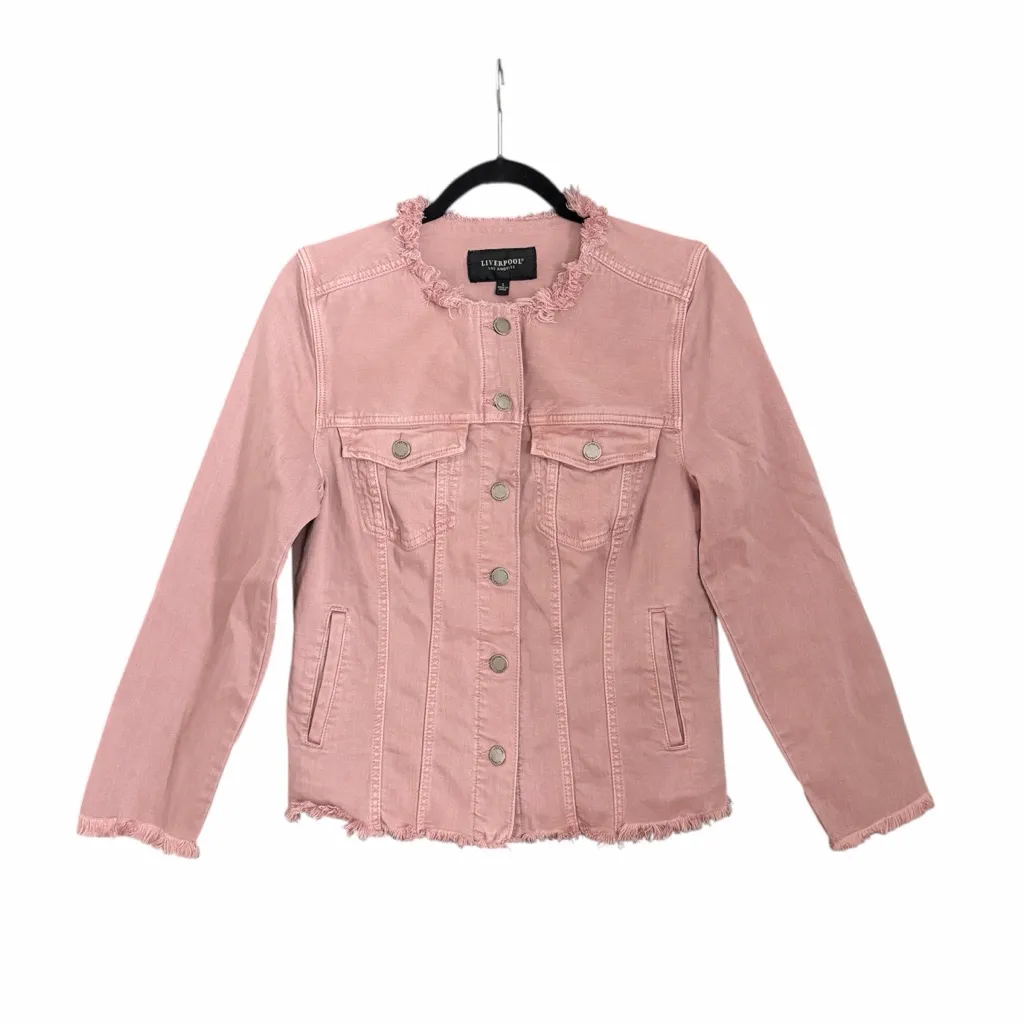 Liverpool Pink Denim Jean Jacket Women Size Small Aster Mauve Frayed - Image 4