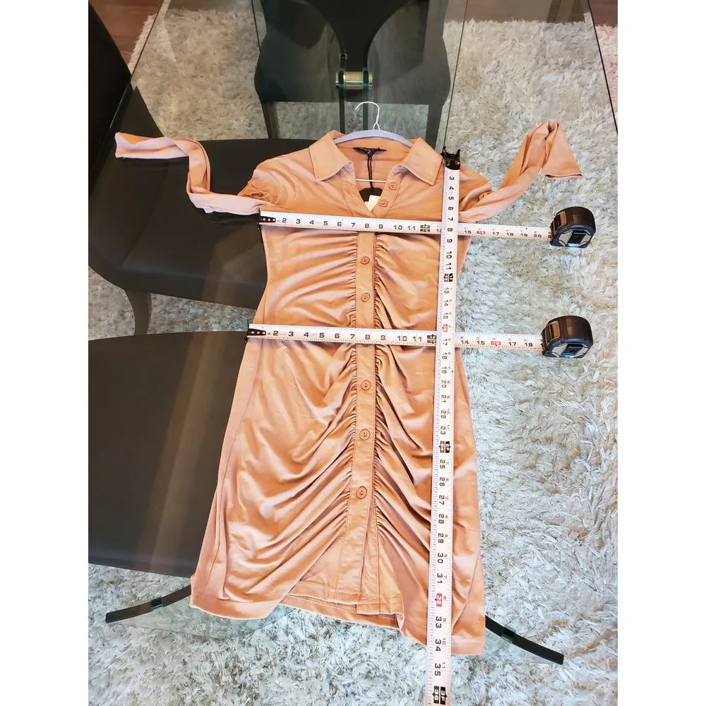 Brave Soul Shirt Dress Women Size S Tan Ruched Long Sleeve Collared Button Front - Image 9