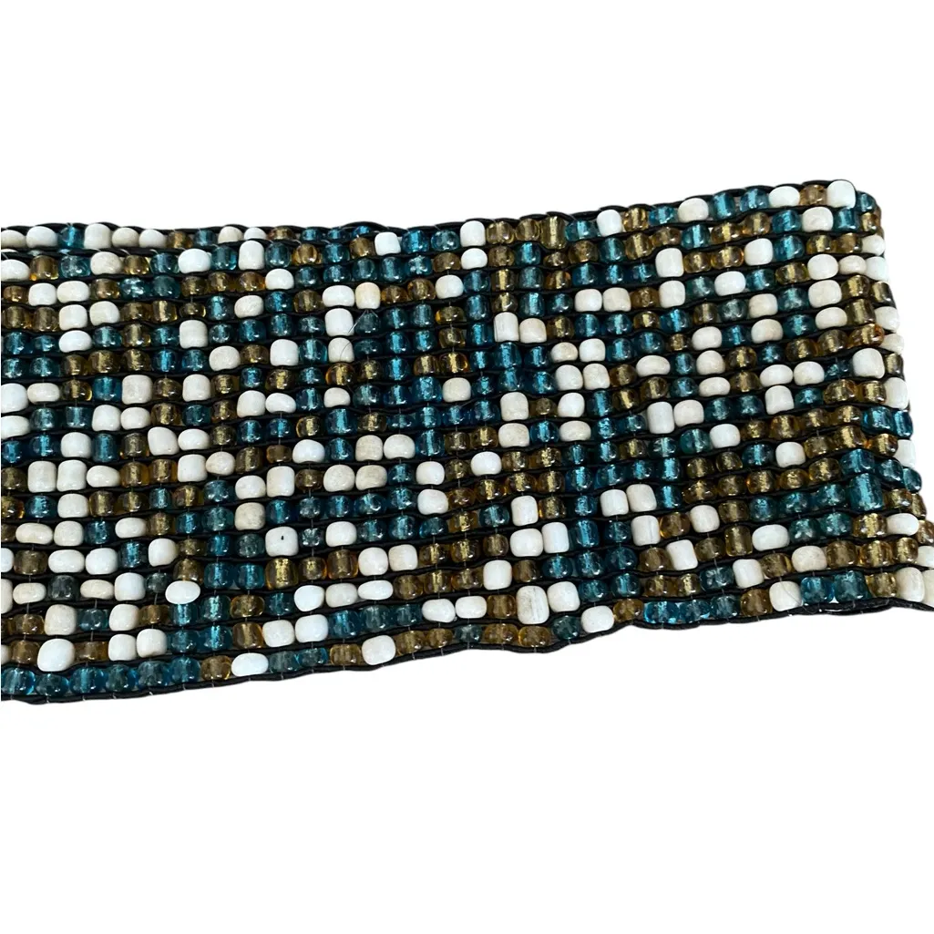 Vintage Beaded Stretchy Wide Waist Belt Wood Buckle Green Cream Gold - Image 3