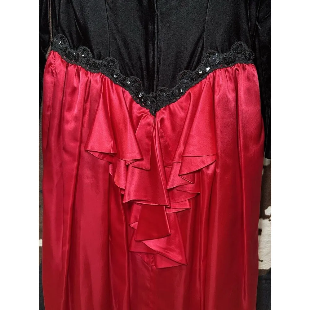VTG 80s McClintock Velvet Top Dress 10 Black Sequin Lace Red Silk Victorian Goth - Image 12