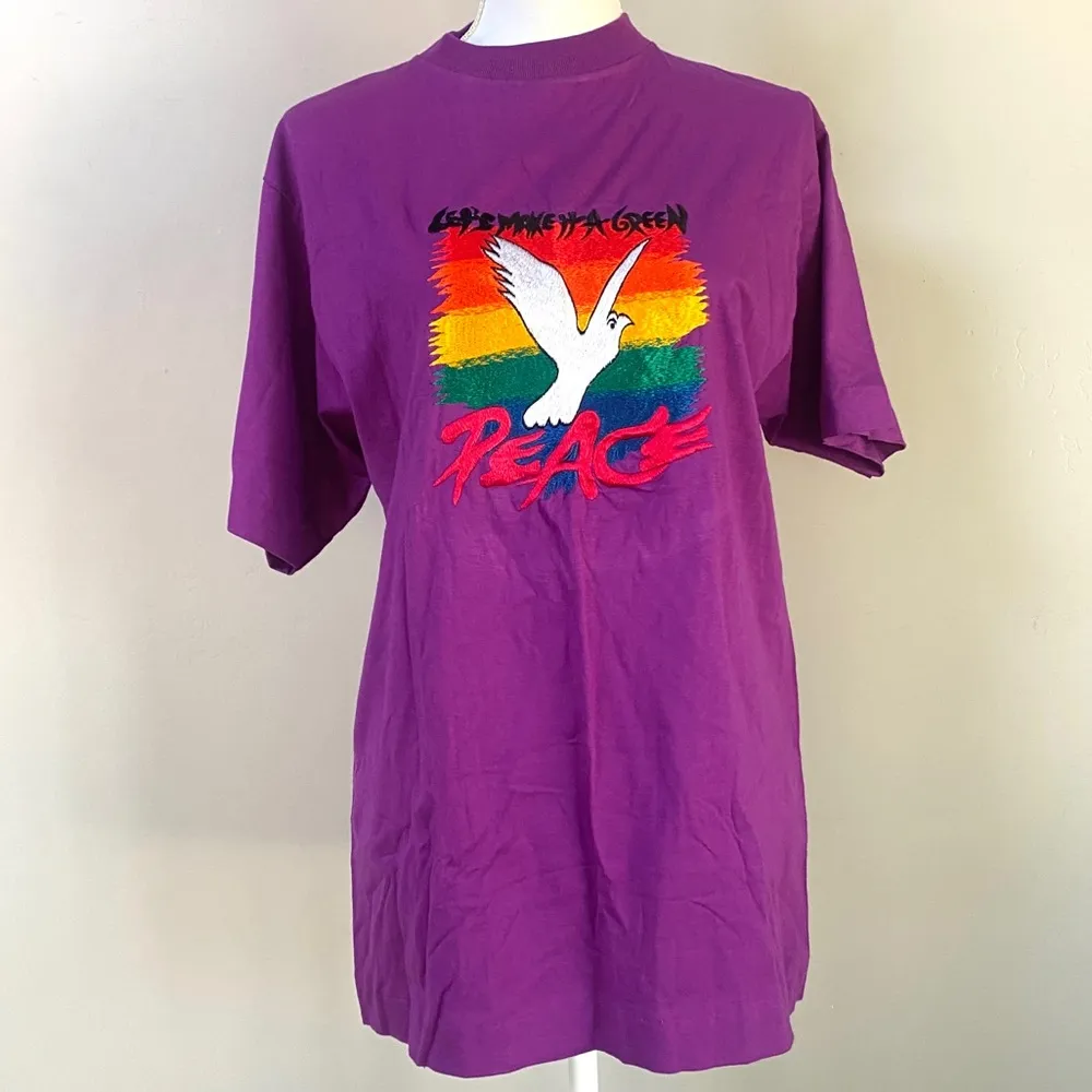 Vintage 80s 90s Greenpeace single stitch embroidered rainbow dove purple… Purple Size L - Image 3