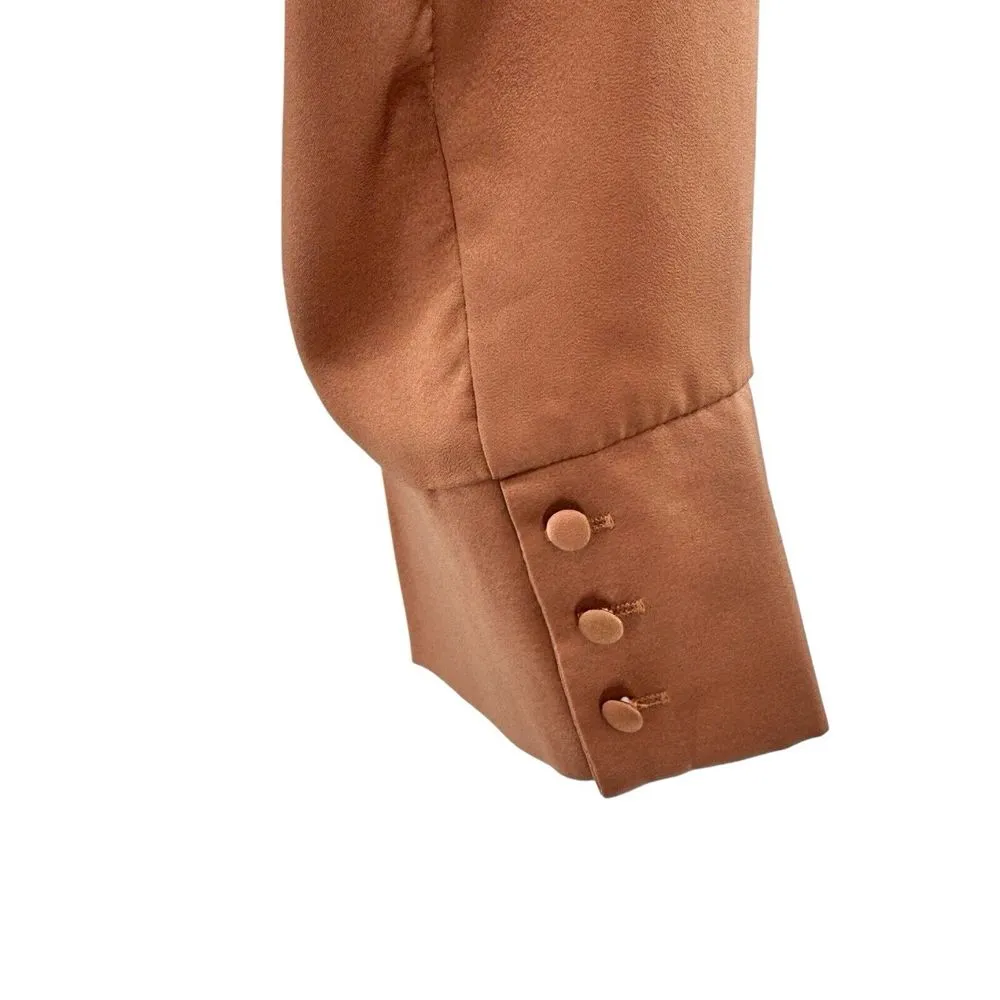 FATE 2pc Satin Cropped Wrap Blazer & Wide Leg Pant Set Brown Medium‎ Large NWT - Image 12