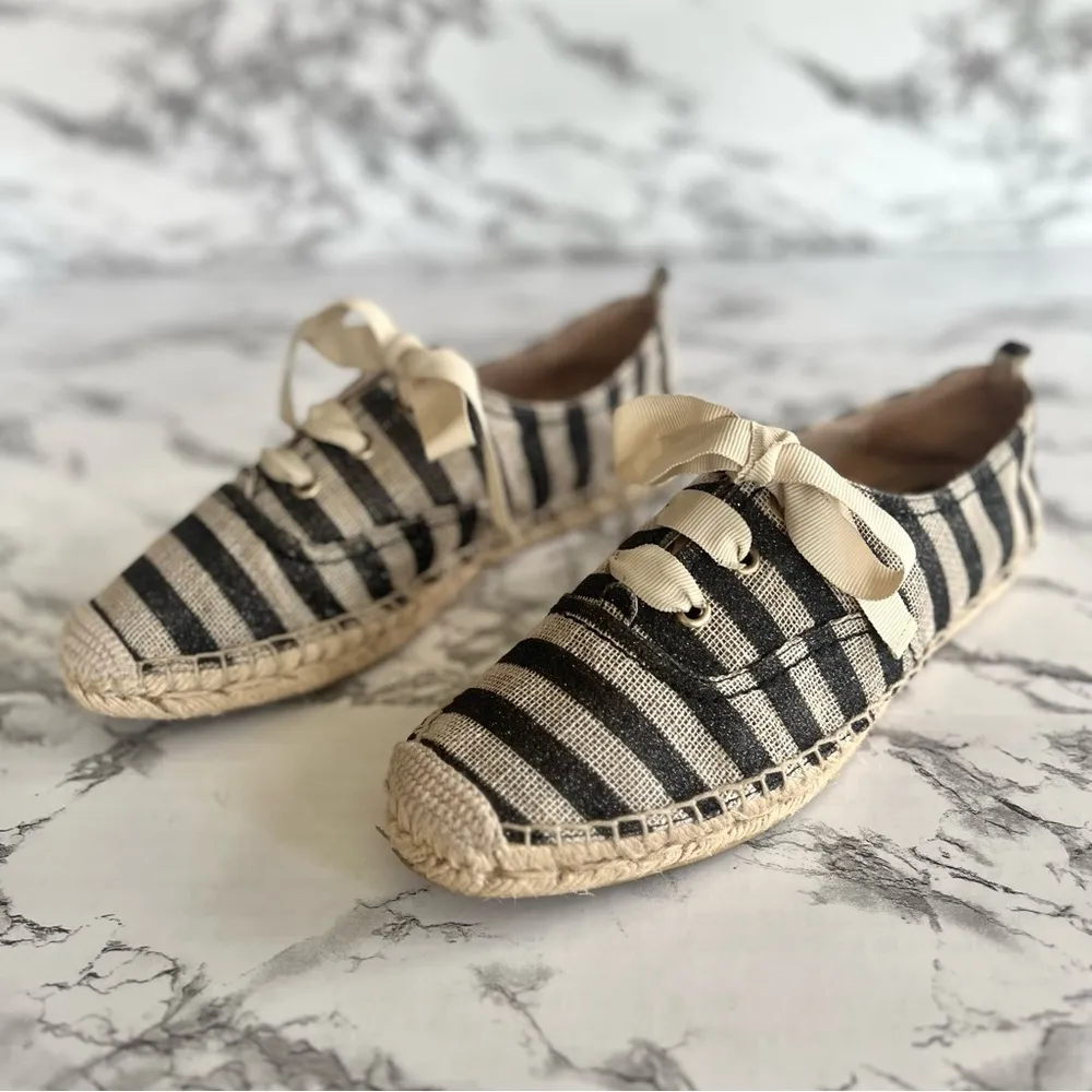 Kate Spade Lina Espadrille Flats Striped Metallic Black Beige Jute 8.5 Canvas - Image 3
