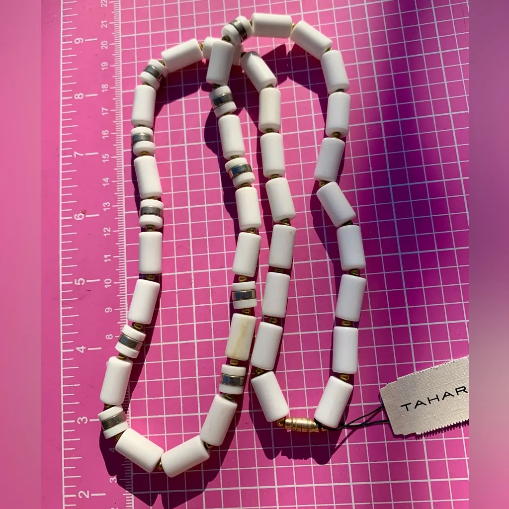 Tahari Elegant White Beaded Necklace with silver accents 27” - Image 4