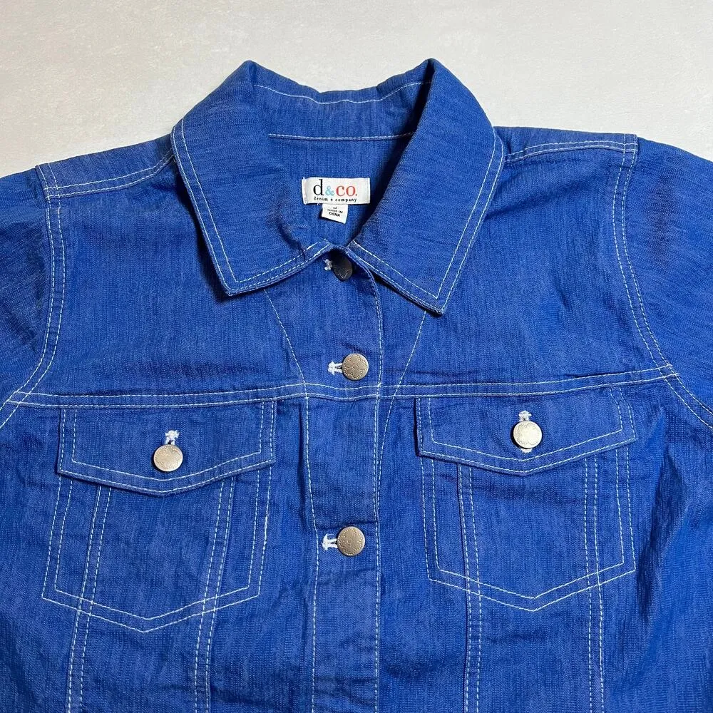 Denim&Co. Button Up Jean Jacket Size Medium Stretch Casual Western Rodeo Blue - Image 3