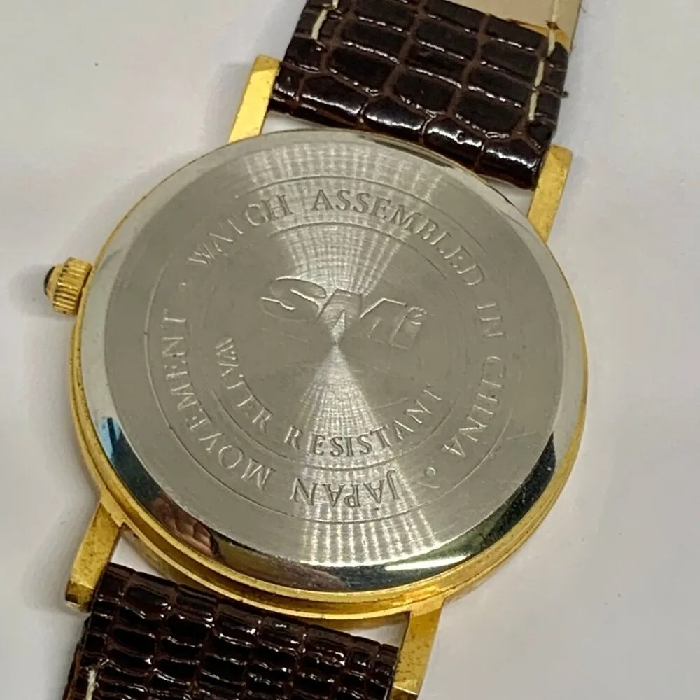 Vintage SMI watch gold tone 32mm case brown leather strap fits up to 8” running - Image 7