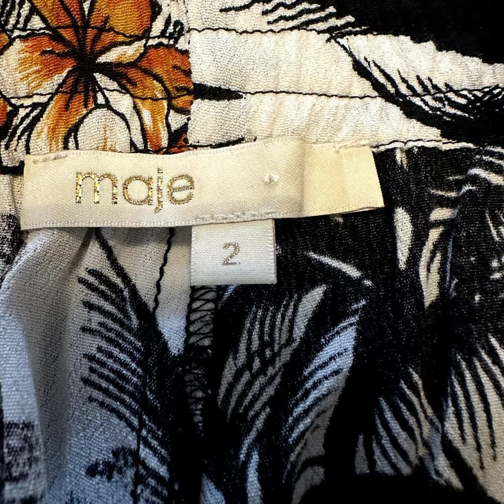 MAJE Washed Silk Trimmed Crepe Wide Leg Pants 100% Silk High Rise Floral 2 M 28" - Image 3