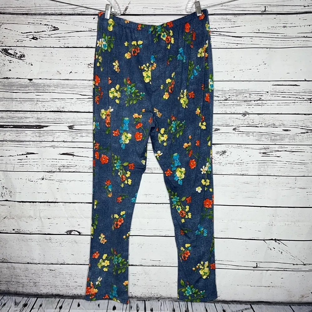 Slinky Brand Size 1X Blue Floral Print Straight Leg Pull On Pants - Image 3
