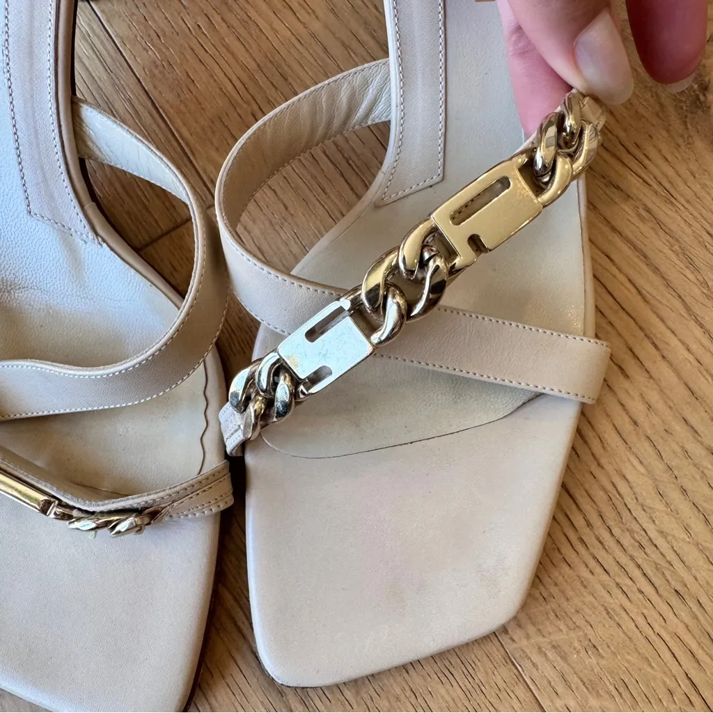 Sergio Rossi Monogram Chain Strap Mule Sandals Kitten Heel, Size 37.5 EU, EUC - Image 4