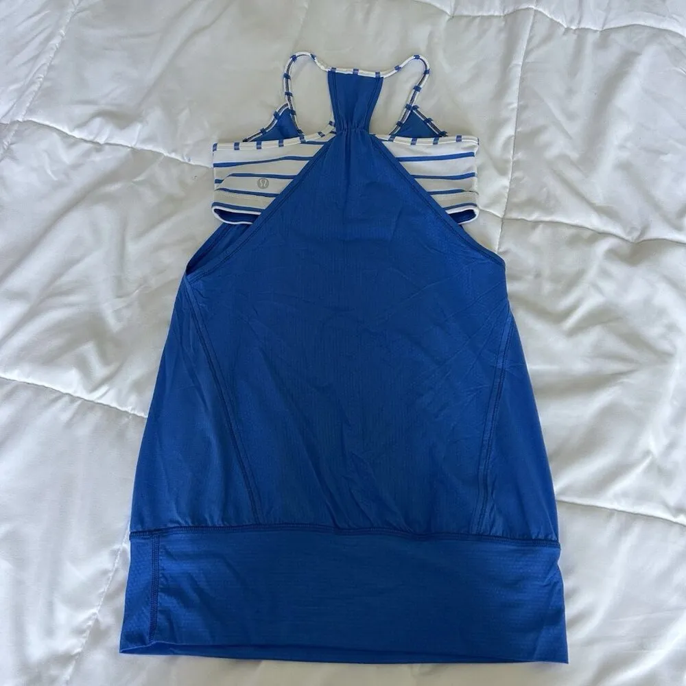Lululemon Womens 4 Tank Built In Bra Blue White Striped Racerback Top Yoga - Image 3