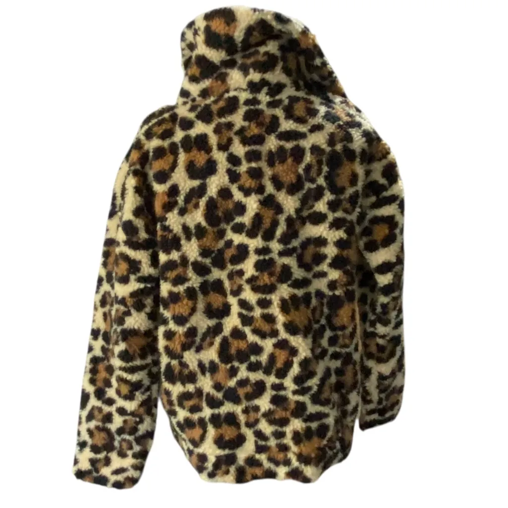 J. Crew Vintage Fleece Snap-collar sherpa sweatshirt in leopard NEW Size XXS - Image 4